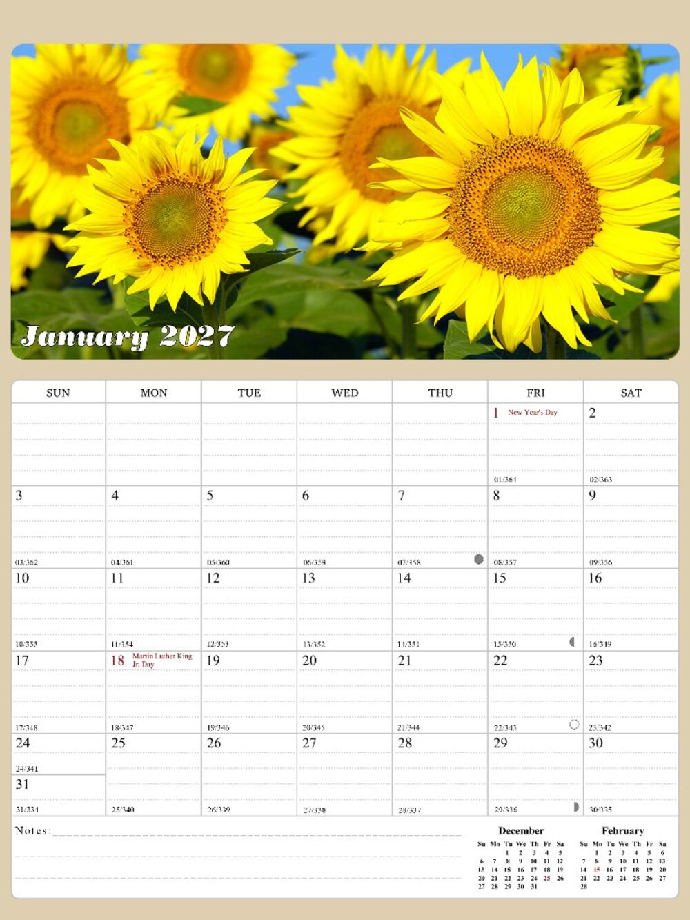 2027 Calendar Magnetic Peel & Stick 12 Months 8.5" x 11" Sunflowers